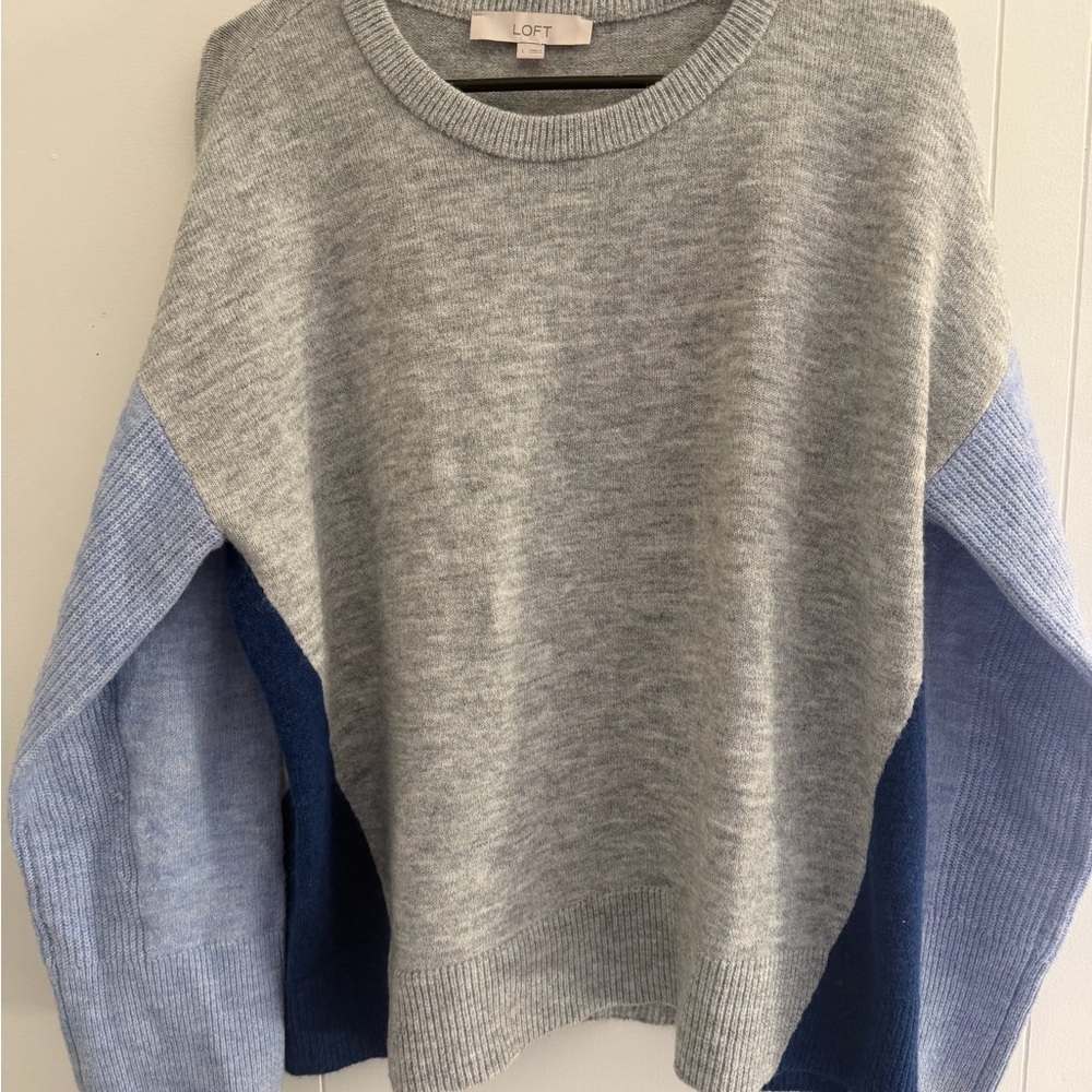 LOFT Gray Crewneck Sweater with Light and Dark Blue Colorblock Sleeves